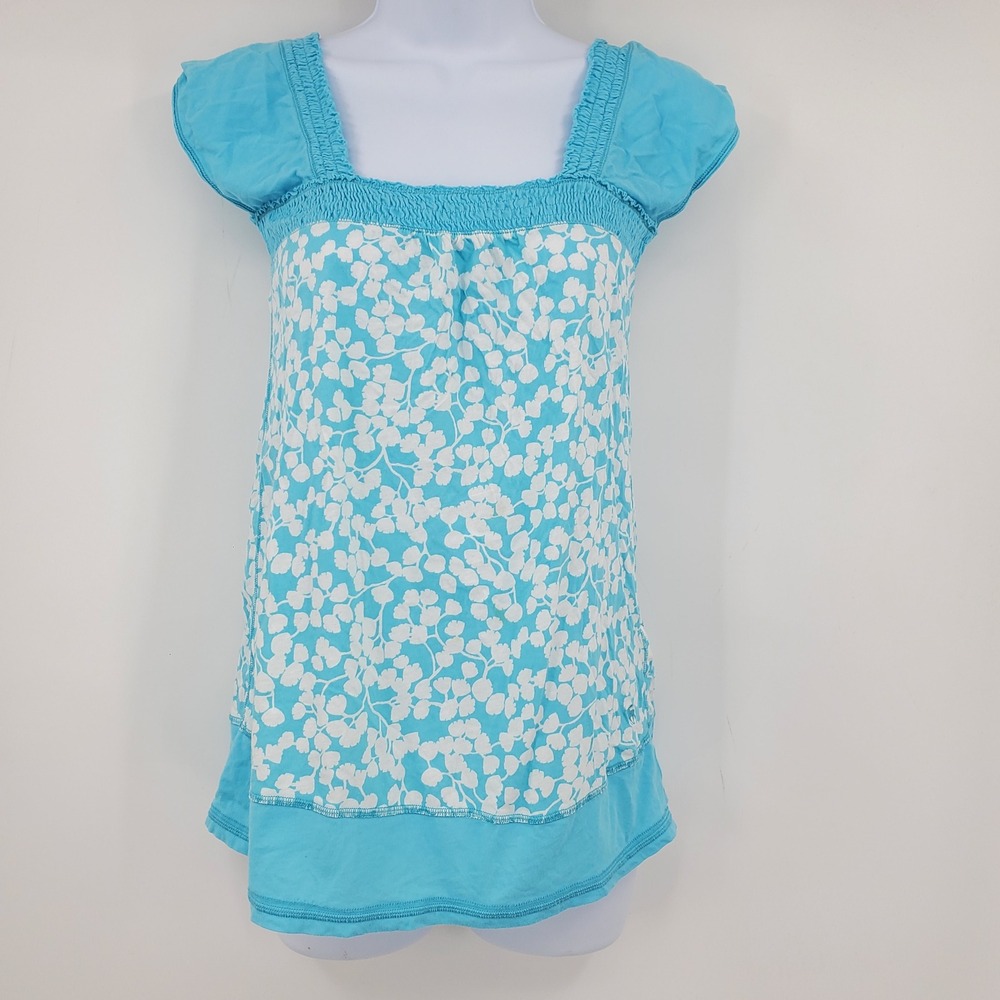 Abercrombie & Fitch Y2K Blue Floral Smocked Babydoll Cap Sleeve Shirt L Preppy